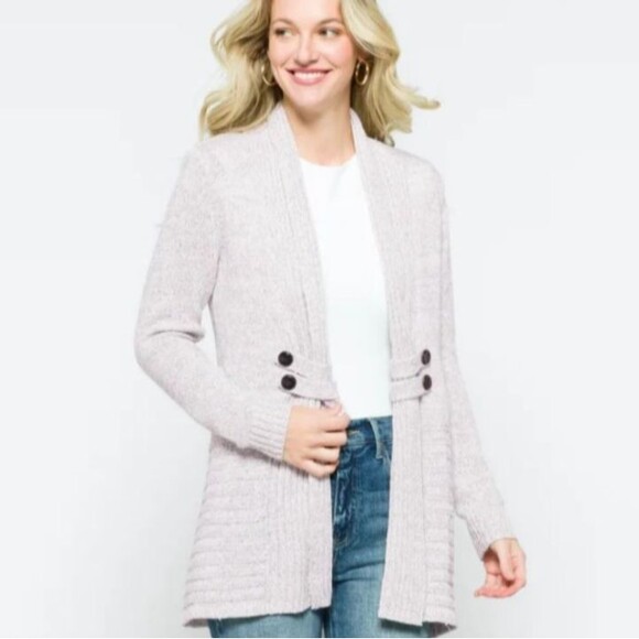 Fortune + Ivy Raiden Tab Cozy Button Cardigan Sweater Ivory Gray Size M - Picture 1 of 16